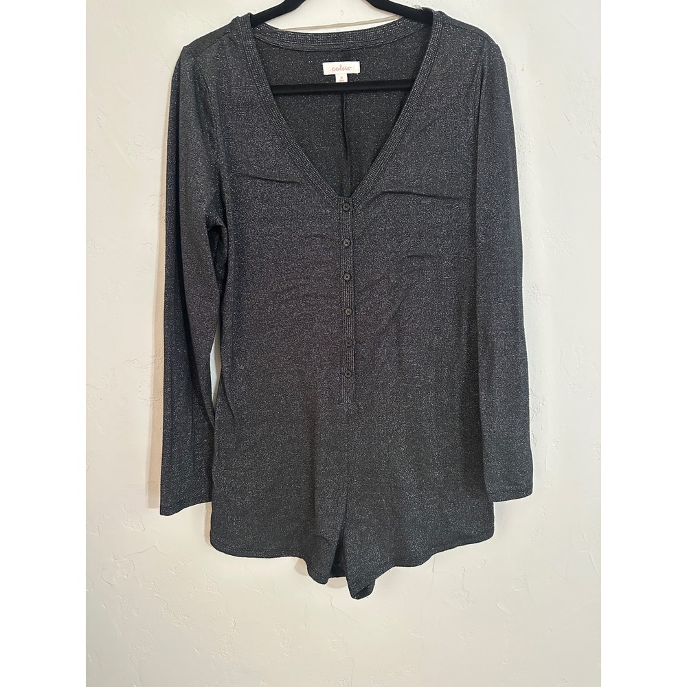Colsie Women's Charcoal Sparkle Long Sleeve Romper Button Up V Neck M